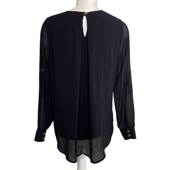 Another Story Tunic Blouse Top Women's MEDIUM Black Sheer Overlay Roll-Tab Scoop - Picture 7 of 10